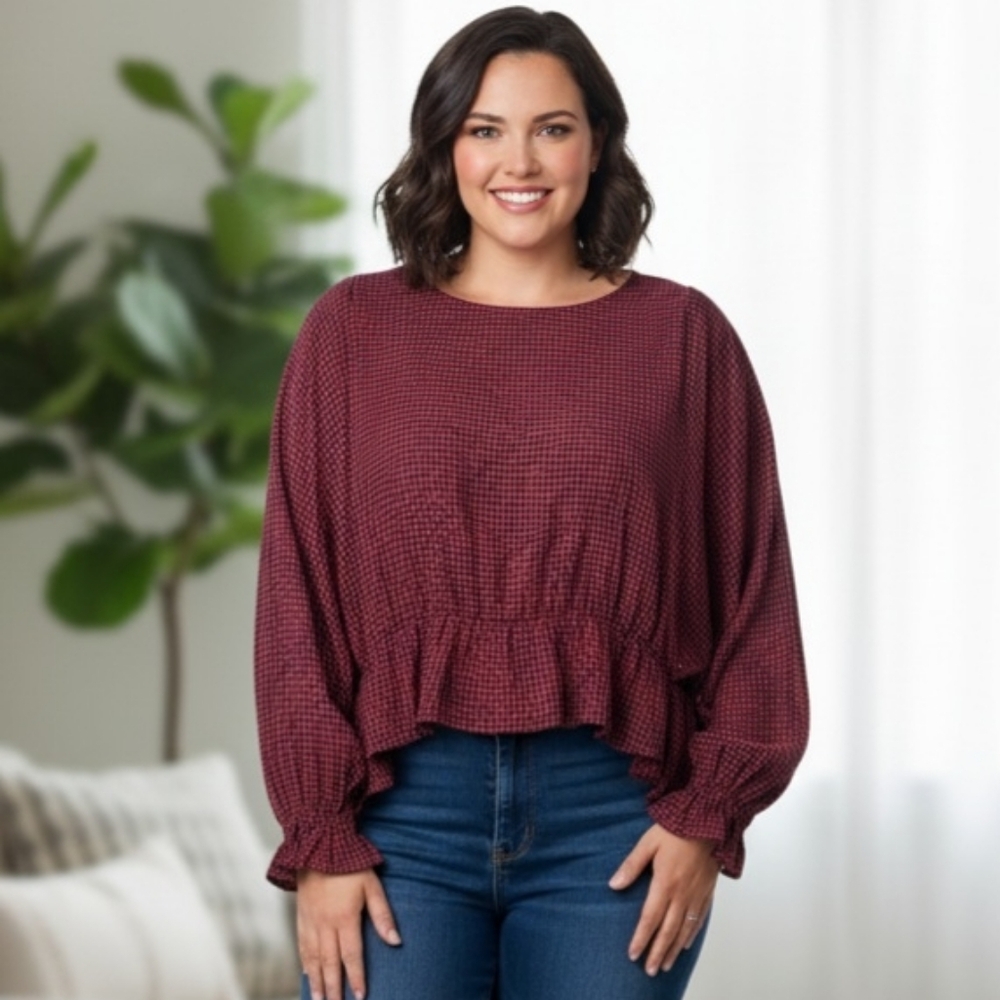 Forever 21 Plus Sized Black & Red Checkered Pattern Drop Sleeve Shirt